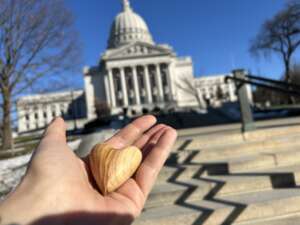 An olive wood heart is held in the palm of a hand, with the Wisconsin State Capitol in the background